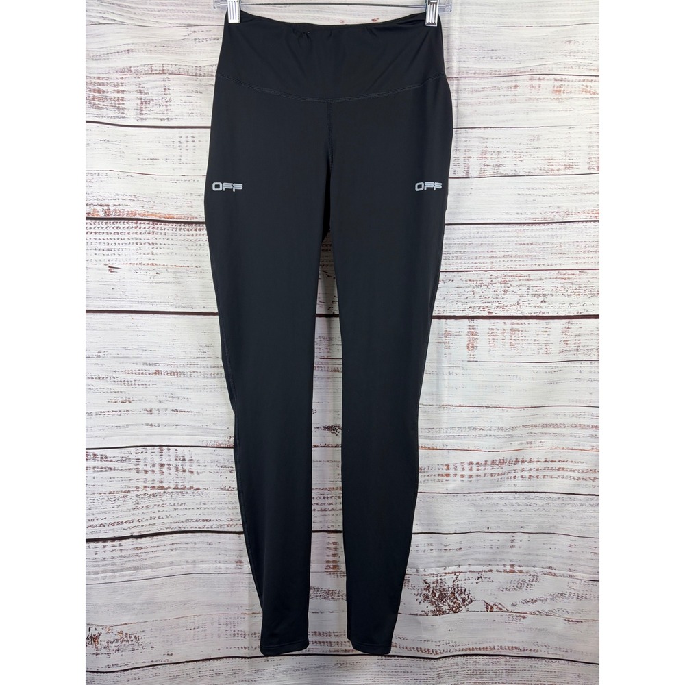 Off-White Women Lg Black Logo Activewear Leggings High Waisted Rear Zip Pocket